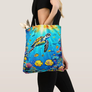Tote Bag Vibrant Art de Récif de Tortue Marine