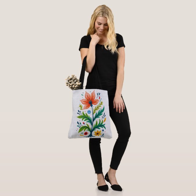 Tote Bag Vibrant Boho Floral Tree Folk Art Botanical (Sur le modèle)
