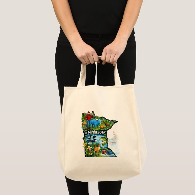 Tote Bag Vibrant Minnesota State Map-Paul Bunyan/Northwoods (Devant (produit))