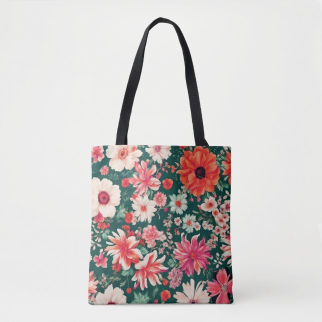 Tote Bag Vibrant rose-rouge et Fleurs blanches délicates (Devant)