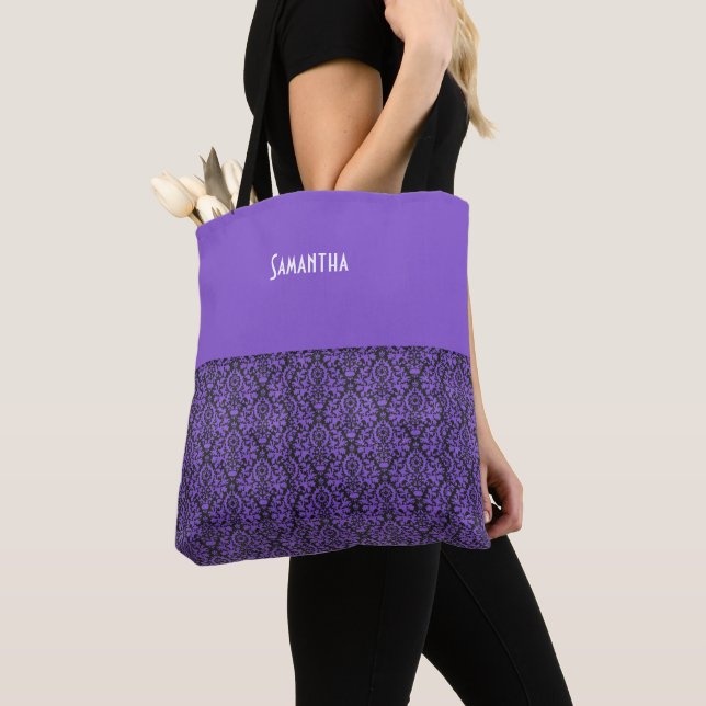 Tote Bag Victorian Goth Purple Black Brocade Damask Nom (De près)