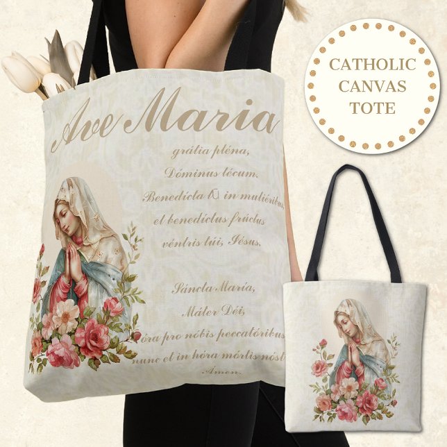Tote Bag Vierge catholique Marie Roses rouges Floral Ave Ma (Créateur téléchargé)