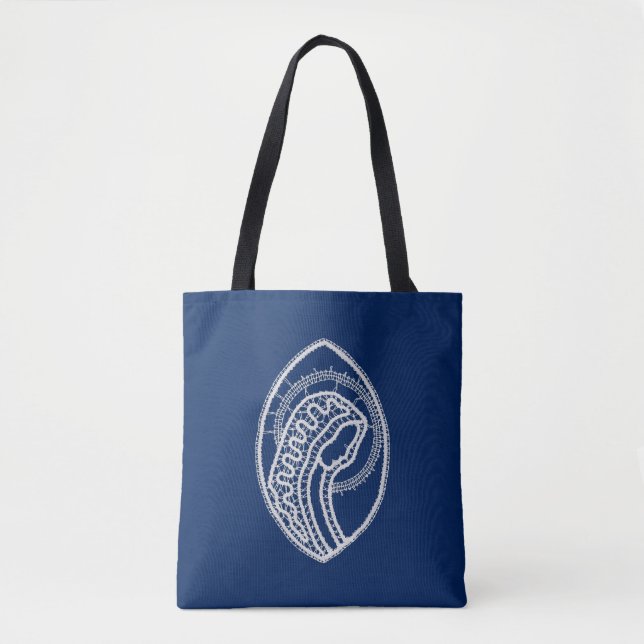 Tote Bag Vierge Marie, dentelle blanche, bleu marine (Devant)