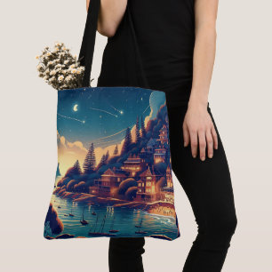Tote Bag Village côtier fantaisiste sous les étoiles filant