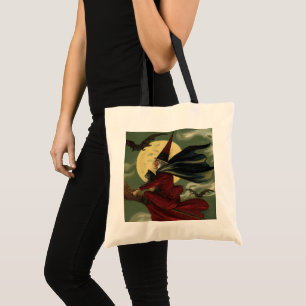 Tote Bag Vintage Halloween sorcière Broomstick avec chat