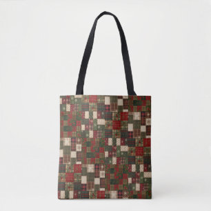 Tote Bag Vintage Holiday Quilt – Cozy Plaid, Snowflakes & F