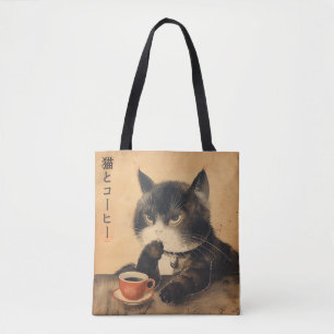 Tote Bag Vintage Japon art chat mignon avec une tasse de ca