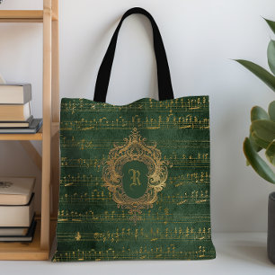 Tote Bag Vintage Monogram Crest Music Manuscrit Vert Or