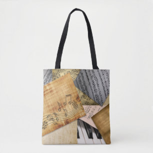 Tote Bag Vintage Piano Keys Musical Notes antique feuille