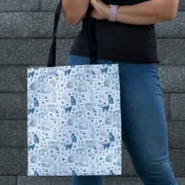 Tote Bag Vintage Retro Toile Motif Chat Catnip Blanc Bleu