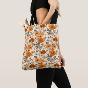 Tote Bag Vintage Rustique Burnt Orange Automne Fleurs motif