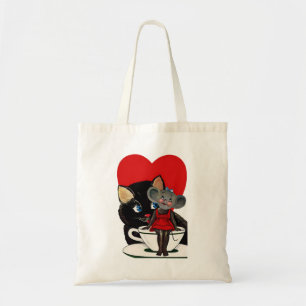 Tote Bag Vintage Saint Valentin, Chat Mouse Tea Cup Coeur