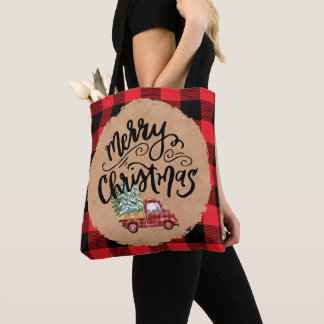 Tote Bag Vintage Truck Script Christmas Buffalo Plaid Tote