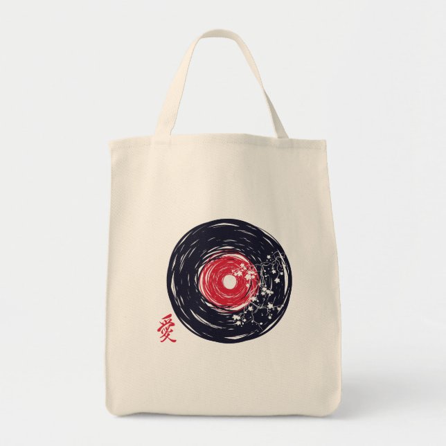 Tote Bag Vinyl Record Retro Grunge Avec Les Blossoms Sakura (Devant)
