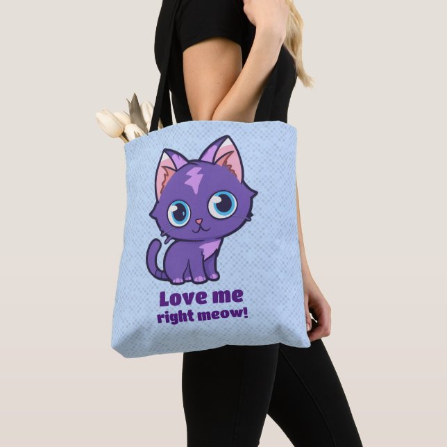 Tote Bag Violet Anime Chat Vector Art Bleu (De près)