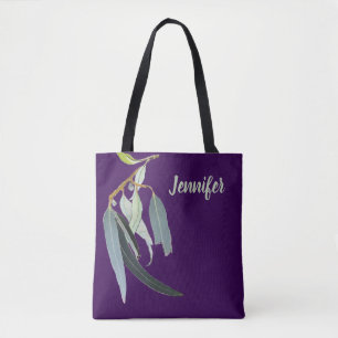Tote Bag Violet foncé avec feuilles à l'aquarelle nommées