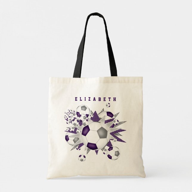 Tote Bag violet gris soccer ballon souffle filles nom (Dos)