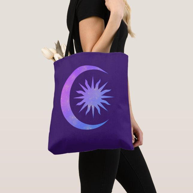 Tote Bag Violet Indigo Purple Moon & Sun Zen (De près)