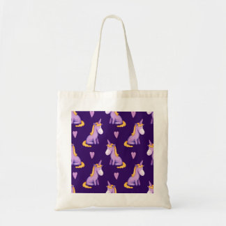 Tote Bag Violet Unicorns Hearts Aquarelle Motif.