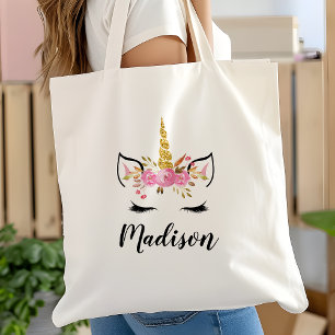 Tote Bag Visage de Licorne Avec Cils Nom Personnalisé