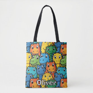 Tote Bag Visages de dinosaures heureux motif bondé