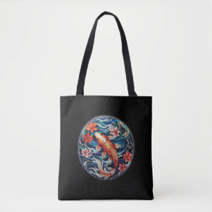 Tote Bag Vitrail asiatique style Koi Poisson et Camellias