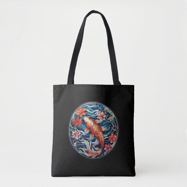 Tote Bag Vitrail asiatique style Koi Poisson et Camellias (Devant)