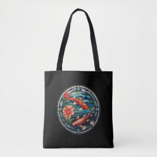 Tote Bag Vitrail asiatique style Koi Poisson et Camellias