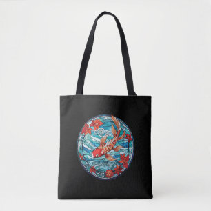 Tote Bag Vitrail asiatique style Koi Poisson et Camellias