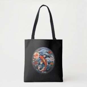 Tote Bag Vitrail asiatique style Koi Poisson et Camellias