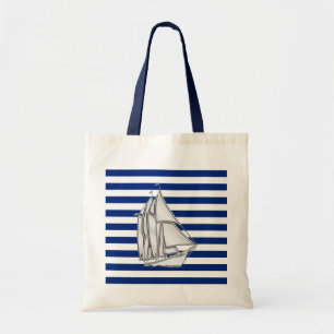 Tote Bag Voilier argenté sur les rayures bleues nautiques