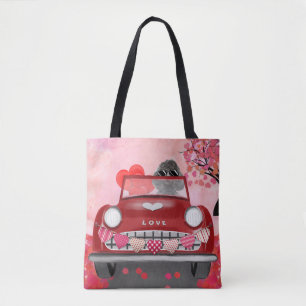 Tote Bag Voiture de chien caniche avec coeurs Saint-Valenti