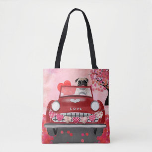 Tote Bag Voiture de chien Pug avec coeurs Saint-Valentin