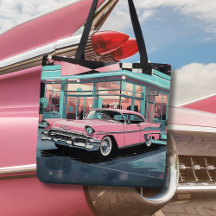 Voiture rose rétro des années 50 Diner de milieu d