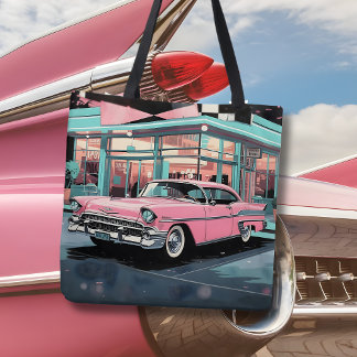 Tote Bag Voiture rose rétro des années 50 Diner de milieu d