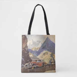Tote Bag Voiture vintage sur route de montagne en hiver ave