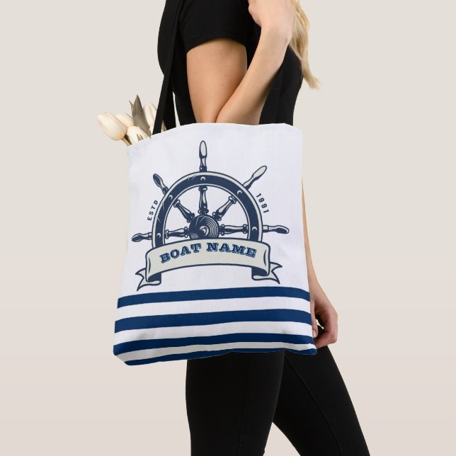 Tote Bag Volant de Bateau Naulique, Rayures Blanches et Ble (De près)