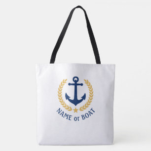 Tote Bag Votre nom de bateau Ancre Gold Laurel Large White