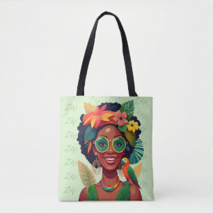 Tote Bag Votre nom, Femme noire, Fleurs tropicales & Parrot
