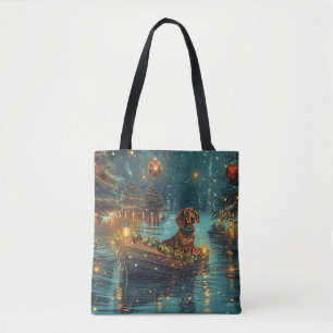 Tote Bag Voyage de Noël festif du teckel