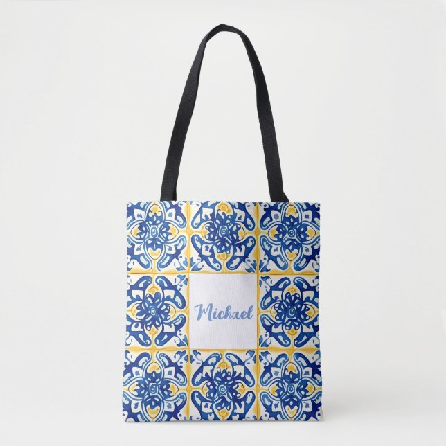 Tote Bag Voyage Estival Carrelage Jaune Et Bleu (Devant)
