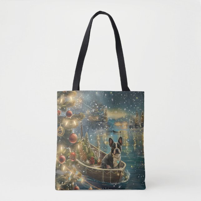 Tote Bag Voyage festif de Noël de Boston Terrier (Devant)