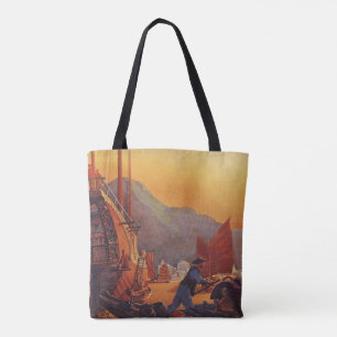 Tote Bag Voyage Vintage, Avion au-dessus de jonques à Hong