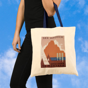 Tote Bag Voyez l'Amérique Bienvenue au Montana, Voyage Vint