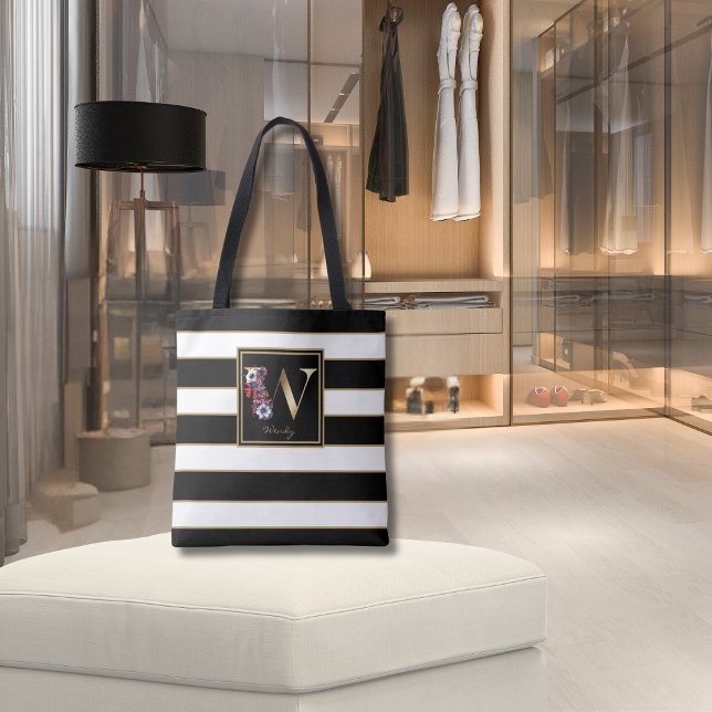 Tote Bag W Monogramme Floral Or | Blancs noirs (Créateur téléchargé)