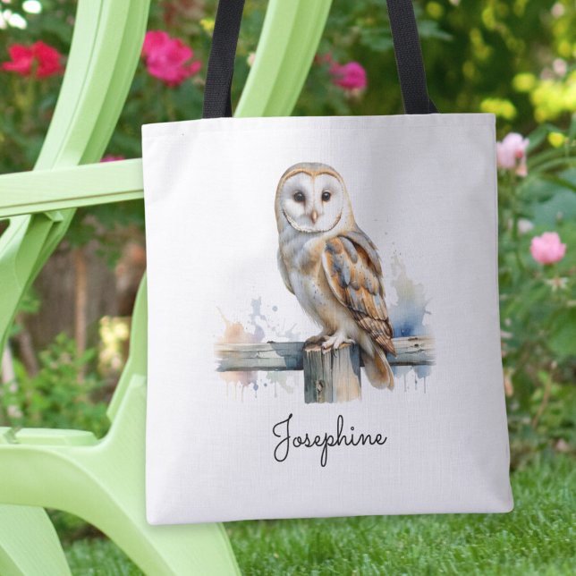 Tote Bag Watercolor Barn Owl Personalized Reusable (A personalized tote bag with picture of a barn owl in a watercolor style)