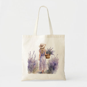 Tote Bag Watercolor Girl Lavender Field