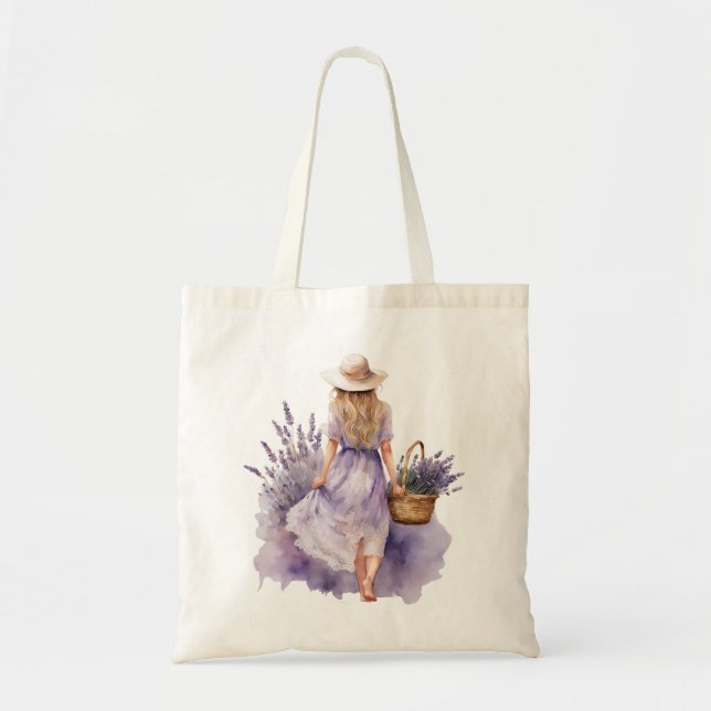 Tote Bag Watercolor Girl Lavender Field (Devant)