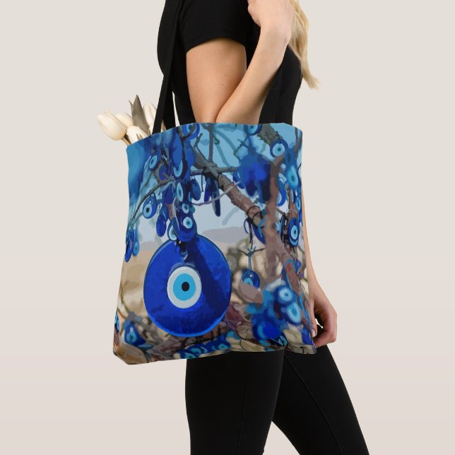 Tote Bag Watercolor of Tree Decorated with Nazars (De près)