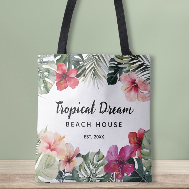 Tote Bag Watercolor Tropical Floral Botanical Beach House (In situ)